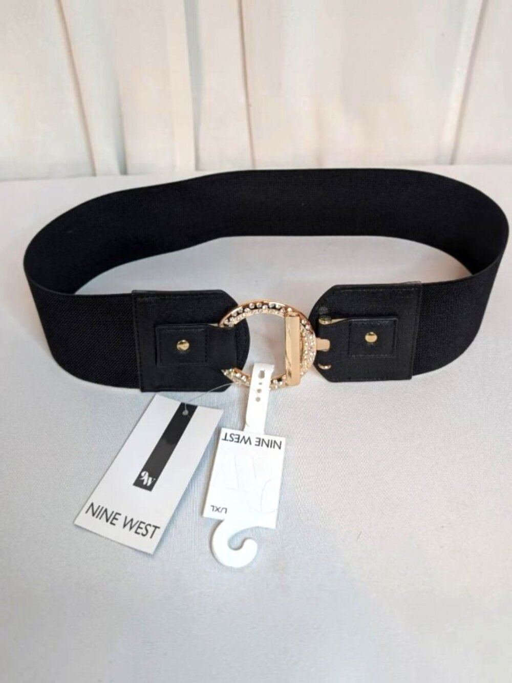 Nine West Black Black 3” Elastic With Gold Rhinestone Round Buckle L / LX - Picture 3 of 7